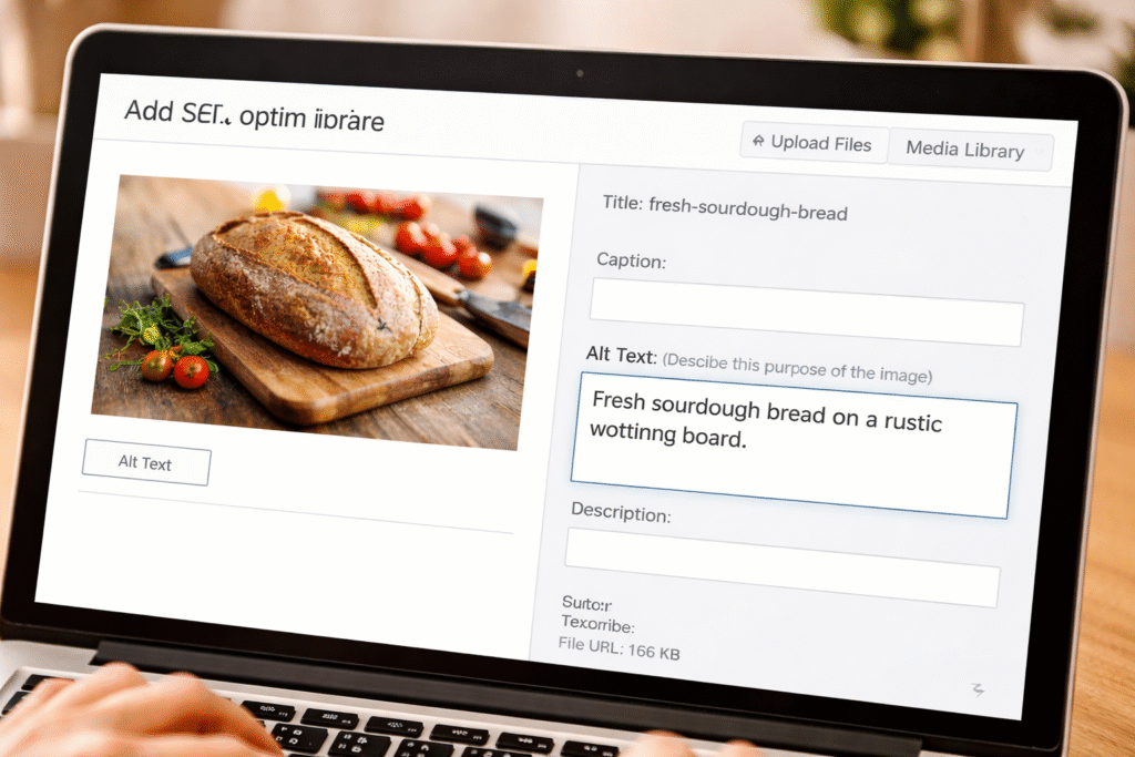 Person adding alt text to an image in WordPress media library showing fresh sourdough bread on a wooden cutting board